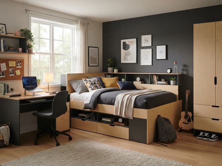 Medium-wide environmental shot of a teen's bedroom featuring a MODU Teen storage bed system, natural side-lit window light, subtle LED ambient glow from the desk, warm birch and charcoal tones.