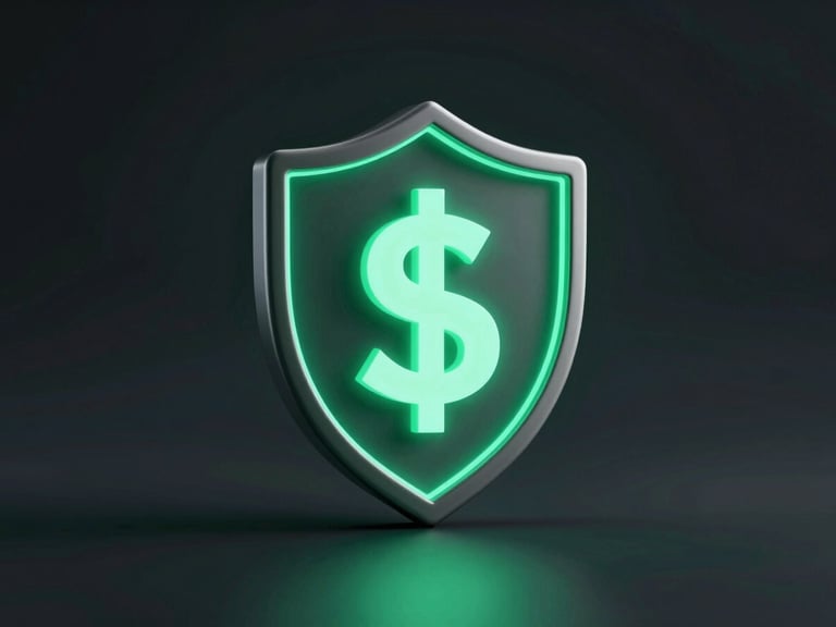 Sleek 3D render of a glowing dollar sign inside a secure shield icon, dark mode tech aesthetic, emerald and teal accents, soft ambient studio lighting, shallow depth of field, wide composition.