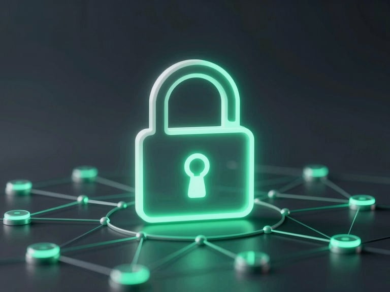 Macro shot of a secure lock icon integrated into a network node diagram, glowing emerald and teal accents, dark mode tech aesthetic, soft backglow, wide composition.