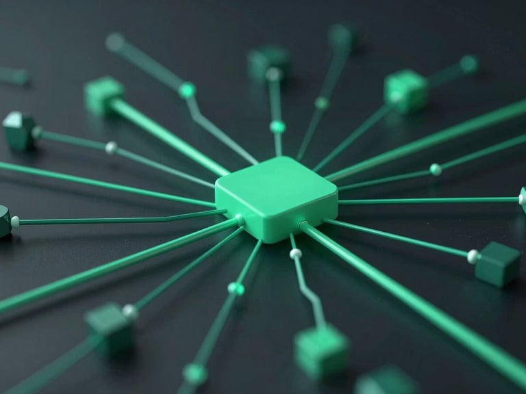 Abstract 3D render of interconnected data flow lines and geometric shapes, representing lead management and customer success, dark mode tech aesthetic, emerald and teal accents, soft ambient studio lighting, shallow depth of field, wide composition.
