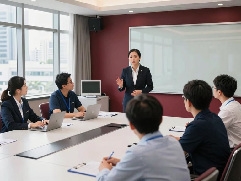Professional trainer conducting an onsite ISO audit workshop with facility managers in a bright, modern Bangkok hotel conference room, clean daylight, sharp focus, 35mm