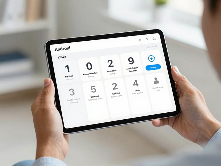 Close-up of diverse hands holding a modern Android tablet displaying a highly readable, clean healthcare dashboard with large touch targets, soft natural daylight, shallow depth of field, 35mm