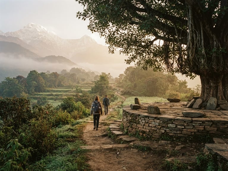 Wide environmental shot of a quiet mountain path in Nepal, soft morning mist, a traditional stone chautari resting place on the right under a banyan tree, warm golden-hour light, 35mm film style.