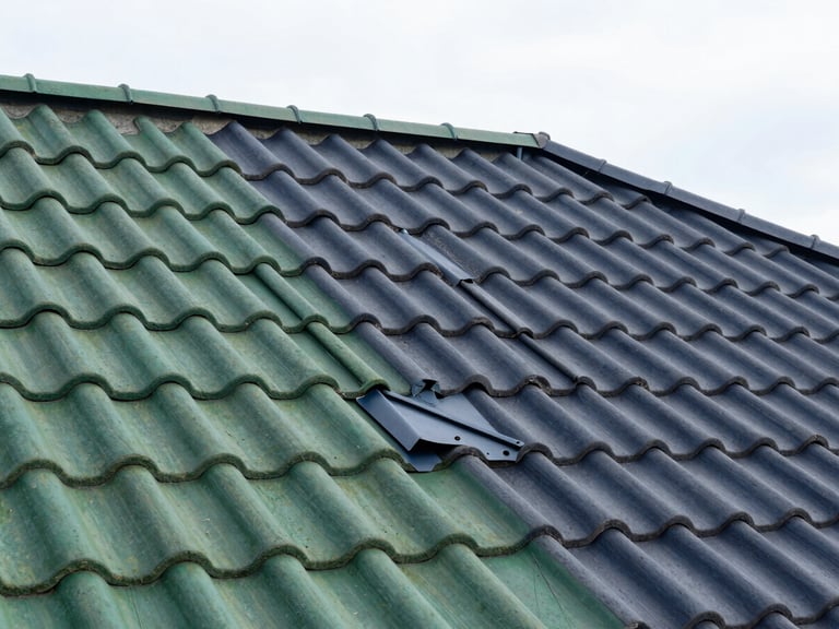 Close-up of perfectly aligned clay tiles and new flashing on a coastal roof, Jurmala, bright daylight