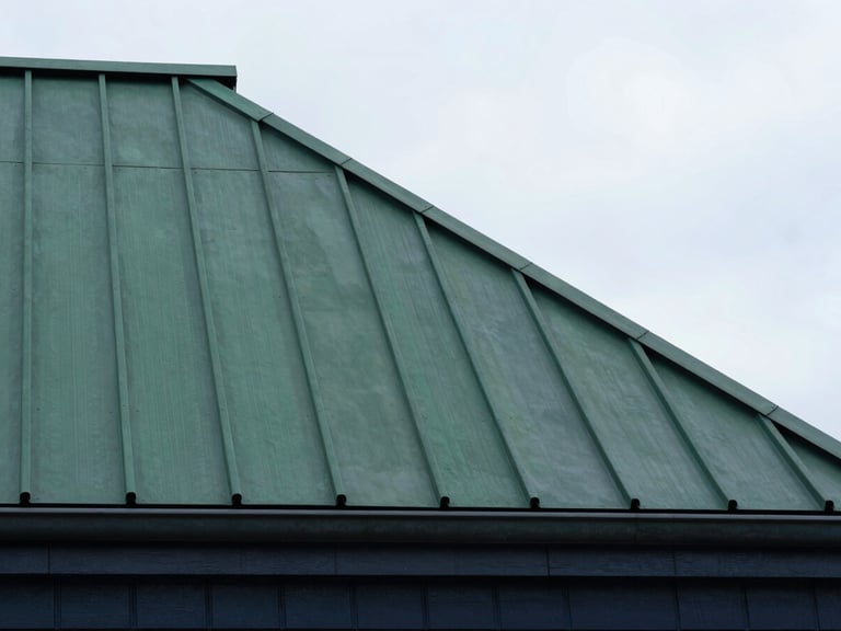 Crisp architectural detail of dark green metal roof seams on a renovated building, Riga, sharp focus