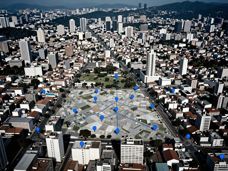 Vista aérea de um mapa urbano com marcadores estratégicos em azul, mãos de profissionais apontando para áreas específicas, iluminação natural de alto contraste, tons de azul frios, foco nítido, fotografia editorial cinematográfica 35mm