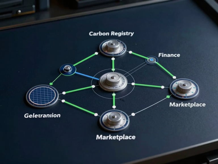 Overhead schematic diagram of a three-node energy infrastructure network on a dark navy surface, precise vector-style flow lines connecting labeled system nodes—solar generation, storage, carbon registry, finance, marketplace—clean technical linework with green accent highlights on connection paths, controlled studio lighting, no people, no text overlays