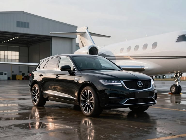 A pristine black executive SUV parked on the tarmac next to a private jet hangar, cool morning light reflecting off the wet ground, clean mid-century aviation architecture in the background.