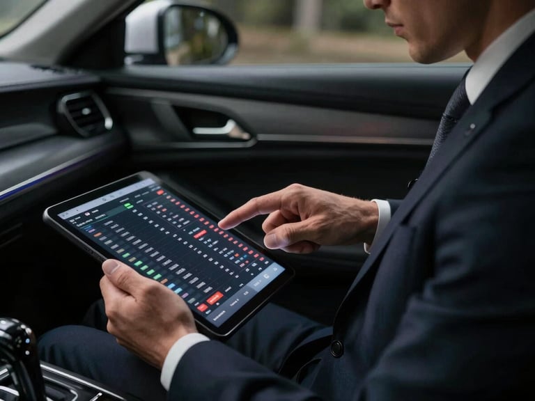 Close-up of a chauffeur in an immaculate dark tailored suit checking an encrypted tablet showing flight telemetry, low-key dramatic lighting