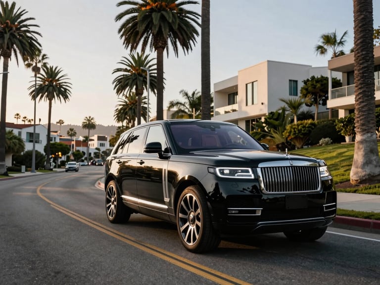 Dramatic low-angle 21:9 shot of a polished black luxury SUV navigating a winding, palm-lined Beverly Hills hillside road under crisp morning light, clean mid-century modern architecture in the background.