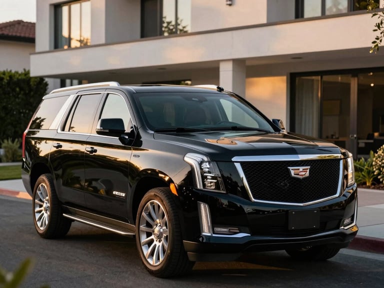 A polished, late-model black Cadillac Escalade parked in front of a modern Beverly Hills estate, dramatic golden hour reflections on the pristine paint