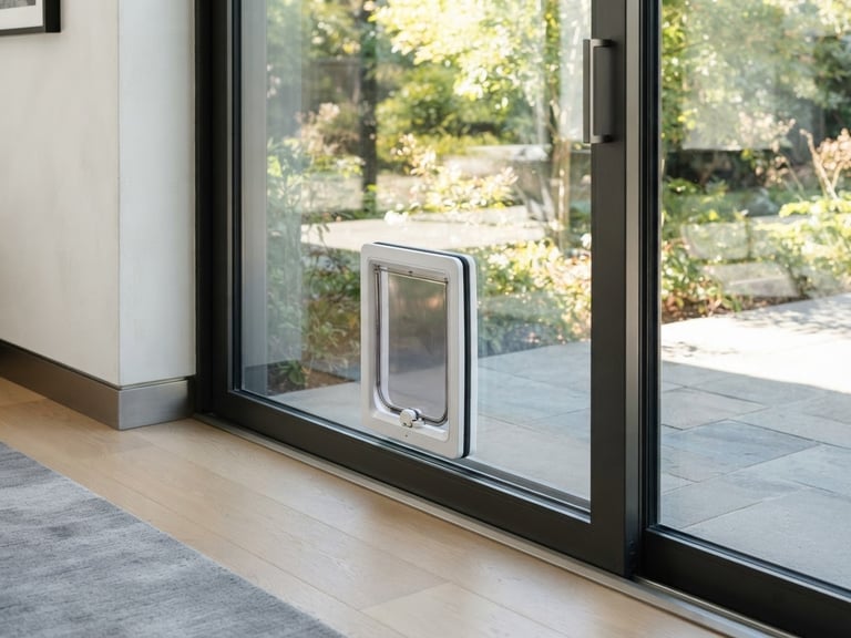 Architectural close-up of a modern sliding glass door with a perfectly sealed pet door, bright natural daylight reflecting off pristine glass, minimalist interior, 35mm lens.