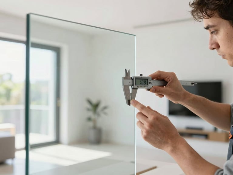 A certified glazier in a clean workshop using a precision digital caliper to measure a thick, double-glazed glass panel, bright natural light, 35mm lens.