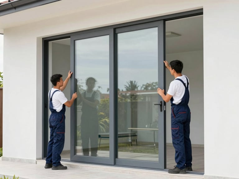 Two professional glaziers in clean uniforms carefully installing a large double-glazed glass panel into a modern home's sliding door frame.