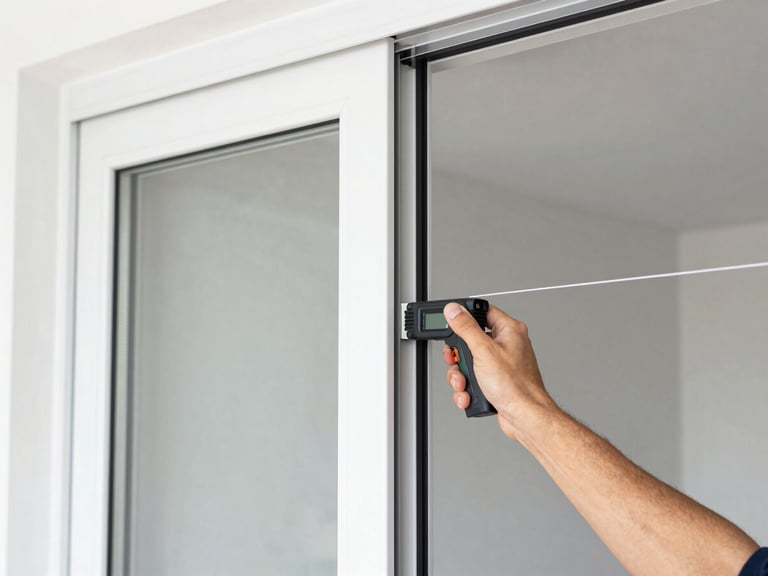 A close-up of a glazier using a digital laser measuring tool against a clean double-glazed sliding glass door frame.