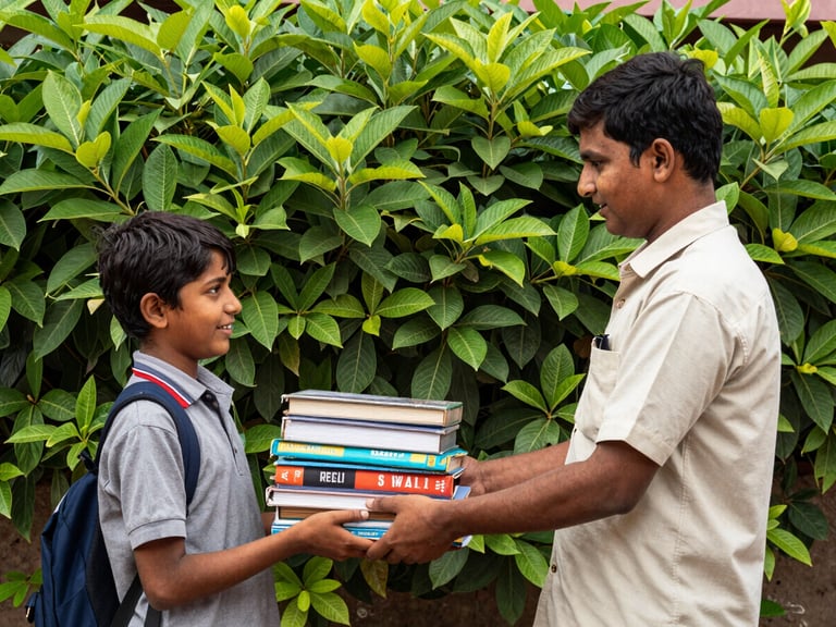 Candid photo of a volunteer handing school supplies to a child in Indore, natural Indian daylight, organic greens, warm tones