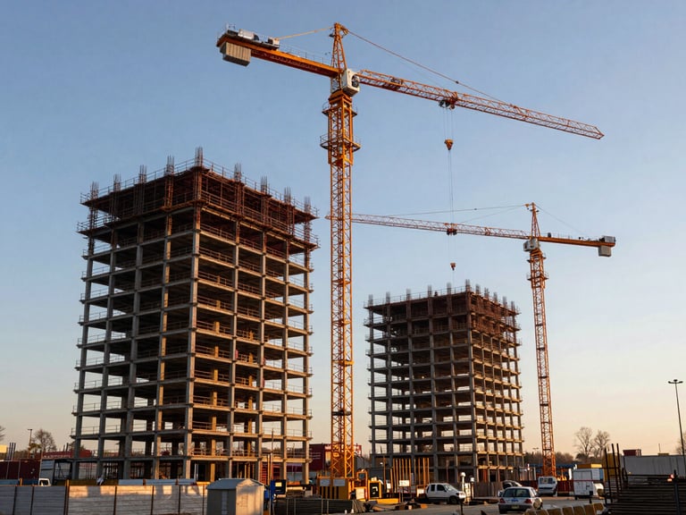 Weitwinkel-Zeitrafferaufnahme einer Großbaustelle bei Sonnenaufgang, ein riesiges Stahlskelett wächst präzise in die Höhe, geometrische Schatten der Kräne