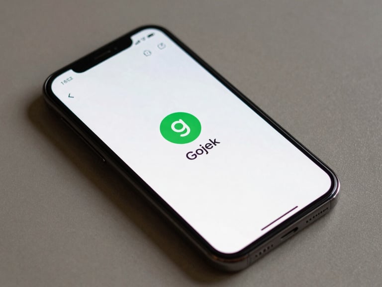 Close-up overhead flat-lay of a smartphone screen showing a Gojek payment status screen mid-transaction, status indicator visible, neutral desk surface, even digital lighting
