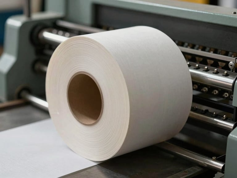 Close-up of laminated paper roll cross-section on industrial cutter, angled north-facing daylight revealing material layers and seal edge quality, paper texture sharp in foreground, machinery blurred behind