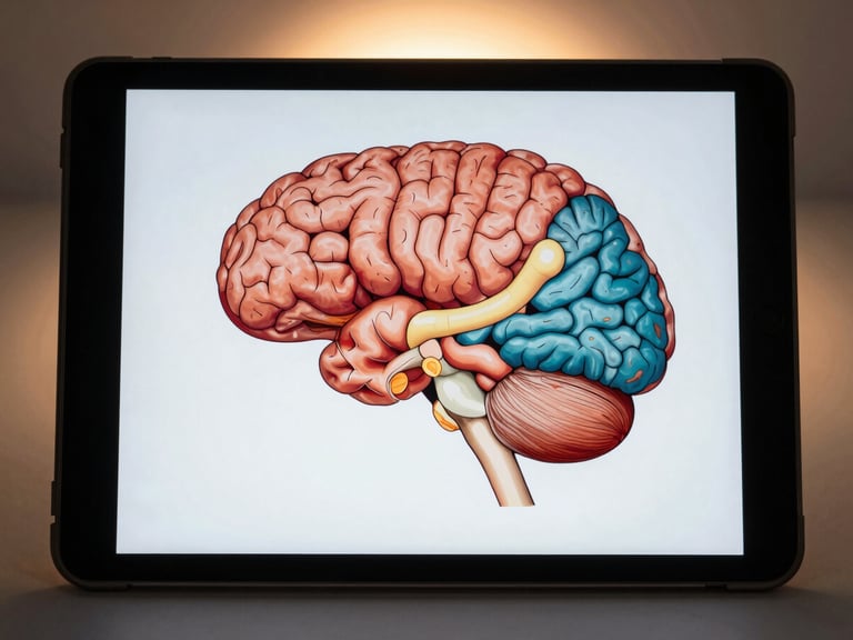 High-contrast macro photograph of a tablet displaying a color-coded medical diagram of the brain stem, clean studio lighting, subtle luminous backlighting.