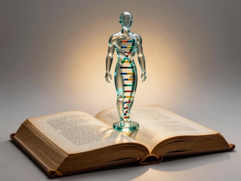 A high-contrast, clean studio shot of an open, ancient leather-bound book paired with a modern transparent glass model of human DNA. Luminous teal and warm gold backlighting casts soft reflections, suggesting a synthesis of science and wisdom.