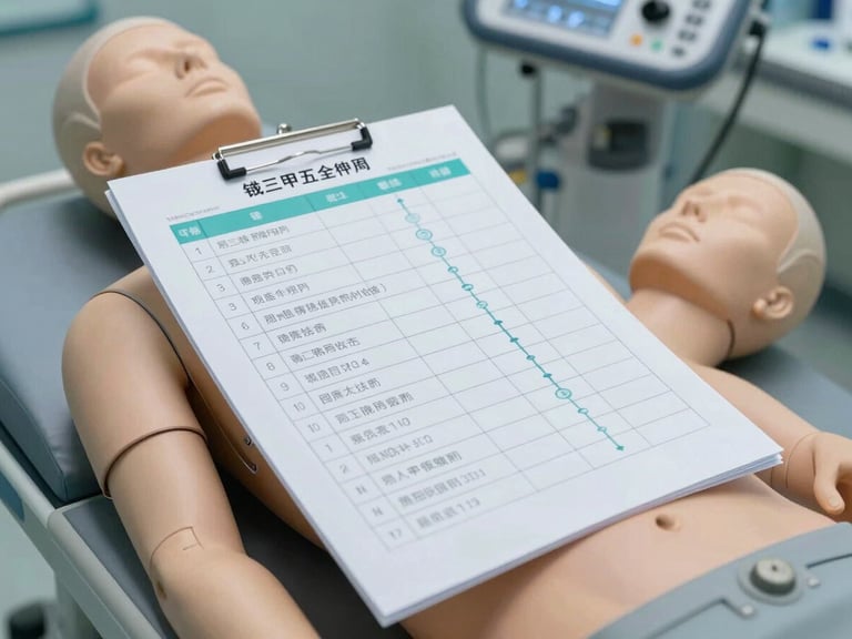 A clean, high-contrast medical simulation lab, a structured nursing checklist overlaying a patient simulator mannequin, soft teal highlights on active clinical pathways.