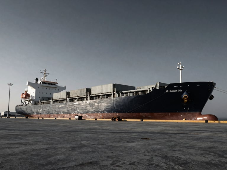 Wide-angle dramatic industrial photography of a cargo vessel docked at a Dubai port under harsh natural daylight, deep steel and slate tones, high contrast.