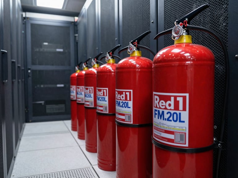Red FM200 gas extinguishing cylinders lined up in a server room corridor, clean high-tech environment, technical focus.