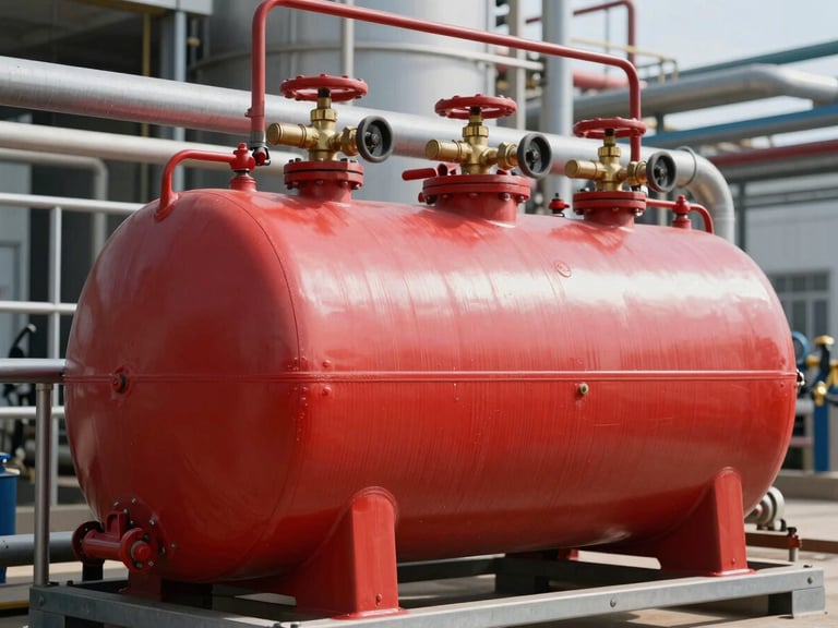 Industrial foam bladder tank painted red with brass valves in a chemical processing plant, daylight, sharp technical shot.
