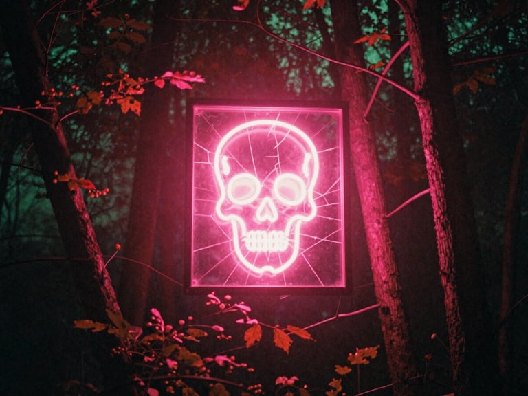 Misty autumn woods at night, a glowing neon sign with cracked glass showing a skull silhouette, harsh pink backlighting, 35mm film grain