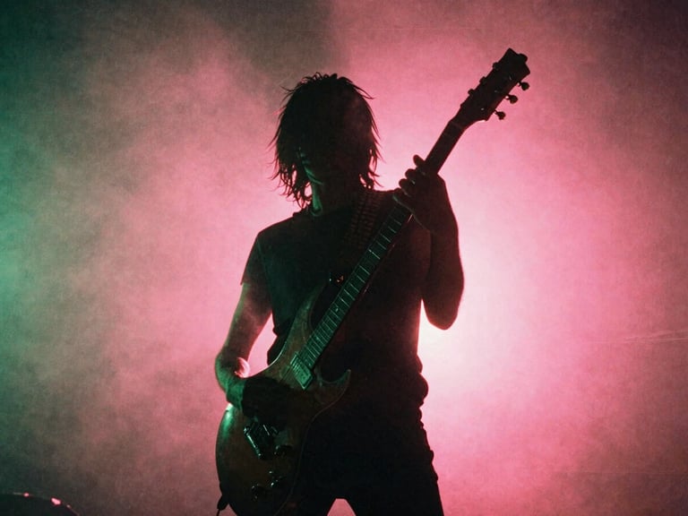 Low-angle dramatic shot of a horror-punk musician silhouette holding a guitar, backlit by harsh neon pink fog, misty 35mm aesthetic