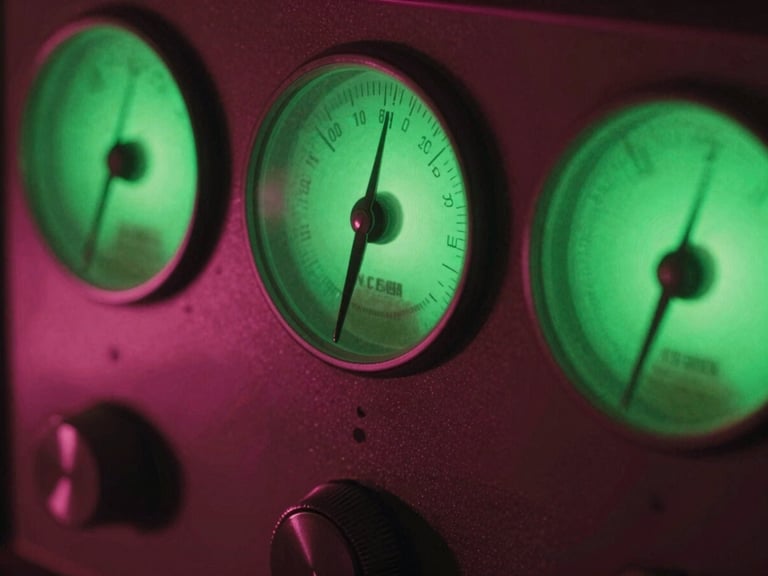 Close-up of vintage analog radio dials glowing with radioactive toxic green light, dark shadows, heavy film grain, cinematic horror photography