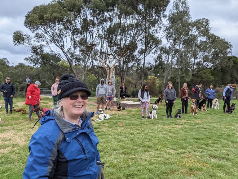 Female dog trainer teaching group of dogs and people in park