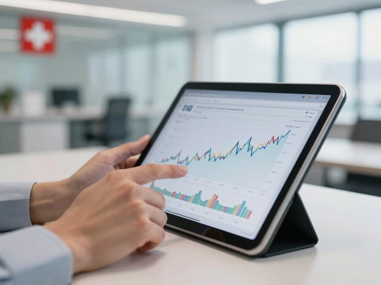 Close-up of professional hands reviewing clean financial charts on a digital tablet, bright natural daylight, clean corporate office setting