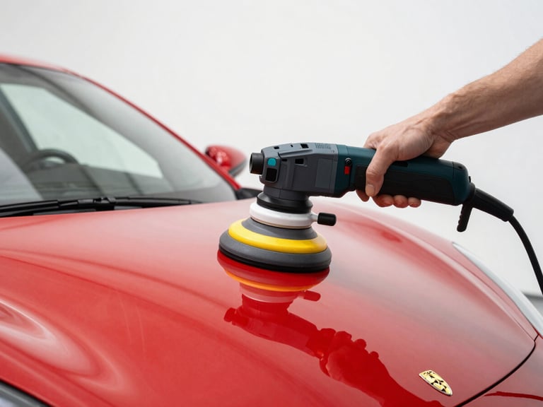 A professional detailer using a dual-action polisher on a brilliant red sports car panel, crisp studio lighting, high-contrast reflections, shallow depth of field