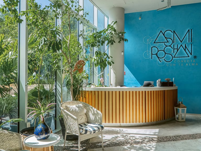 a reception area with a reception table and a reception table