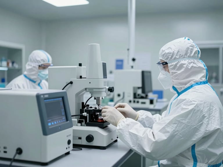 Wide environmental shot of a sterile pharmaceutical clean-room facility, technicians in full protective gear operating high-precision instruments