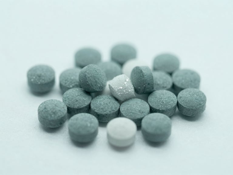 Macro shot of crystalline pharmaceutical compounds on a clean white backdrop, cool diffused laboratory light, sterile teal tones
