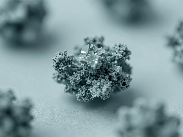 Macro photography of crystalline small-molecule compounds under cool diffused laboratory lighting, sterile teal tones, high-contrast details