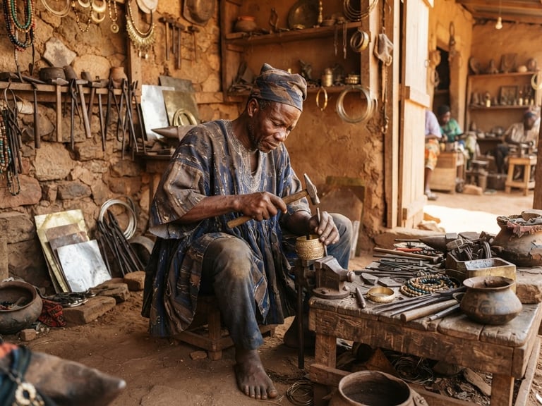 Wide shot of a local artisan in a sunlit workshop, hands focused on intricate metalwork, traditional tools visible, warm earth tones, natural West African sunlight.