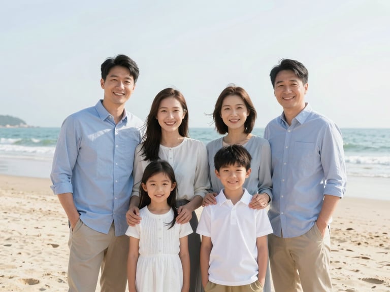 Bright natural photography of a family smiling on a sunny beach, soft daylight, warm friendly tones, 35mm