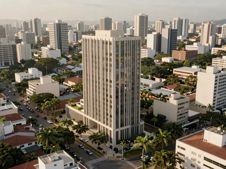 Vista aérea do centro de Guarulhos com o Residencial Parque em destaque, rodeado por áreas verdes e infraestrutura urbana.