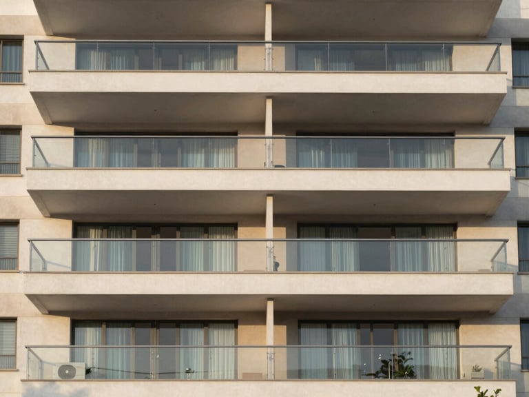 Modern apartment facade in Guarulhos, clean lines, large glass balconies, soft morning light, 35mm lens.