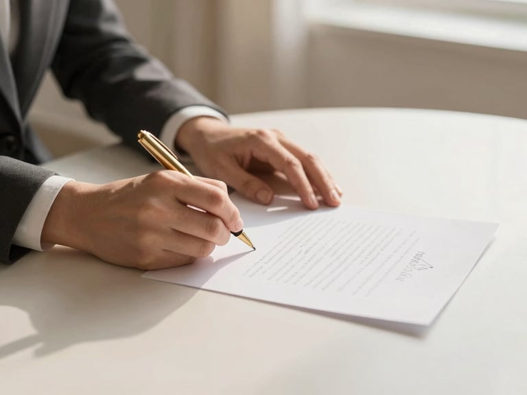 Close-up of elegant hands signing a document on a minimalist desk, soft light, subtle brass pen.