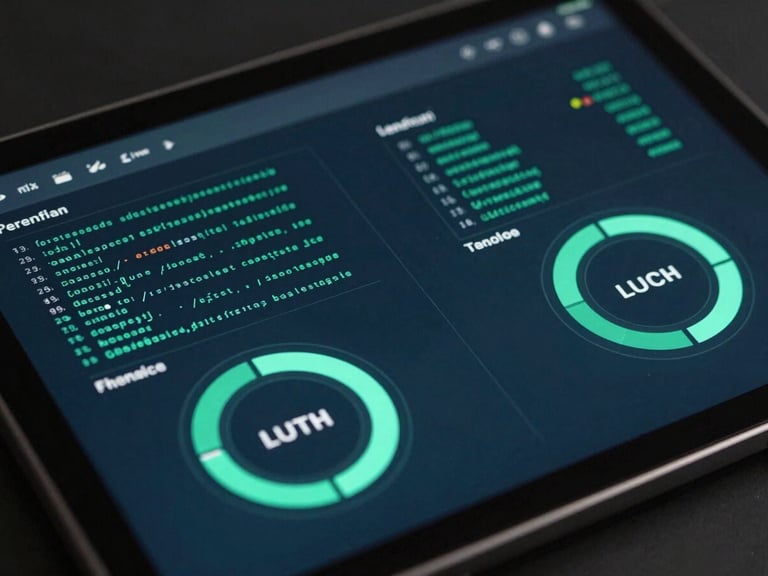 Macro detail of an Android tablet screen showing an industrial IoT dashboard with teal status rings and monospace technical logs, moody rim lighting