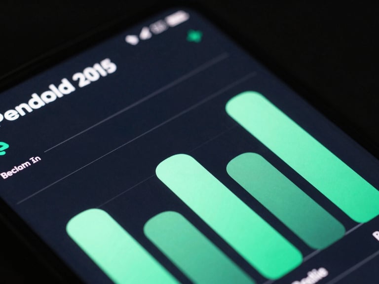 Extreme close-up of a premium Android device displaying a dark slate fintech interface with vibrant mint green charts, sharp typography, low-key studio lighting