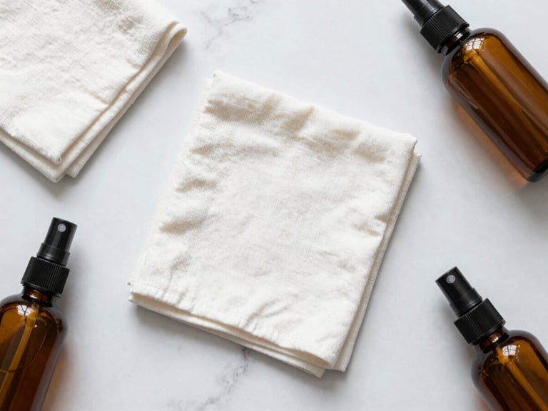 Overhead flat-lay of organic cotton cleaning cloths and amber glass spray bottles on a light marble surface, bright natural daylight, 50mm lens.