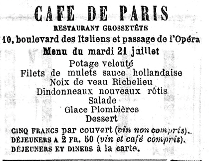 Menu du jour du café dé Paris, du mardi 21 juillet 1868 où figure la Glace Plombières