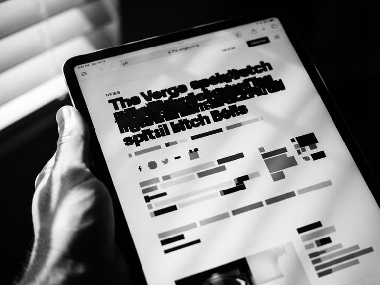 High-contrast close-up of a digital tablet displaying a major tech publication headline, sharp directional shadows, stark black and white, 50mm lens