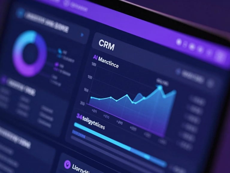 Macro close-up of a high-fidelity CRM dashboard showing growth metrics and AI sales recommendations, glowing purple and blue ambient light
